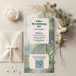 Invitation Tout En Un QR Code Forêt de montagne Élégant Mariage rustique