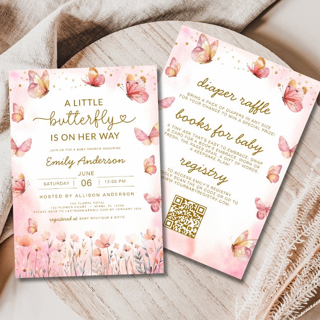 Invitation Tout en un QR Code Girl Baby shower papillon rose (Créateur téléchargé)
