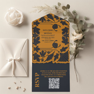 Invitation Tout En Un QR Code Gold Blue Art Nouveau Mariage