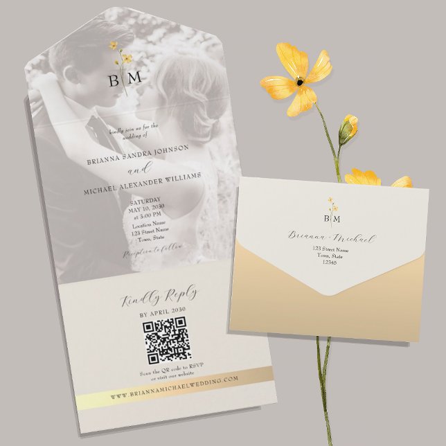 Invitation Tout En Un QR Code Ivory Gold Photo Wedding (Créateur téléchargé)