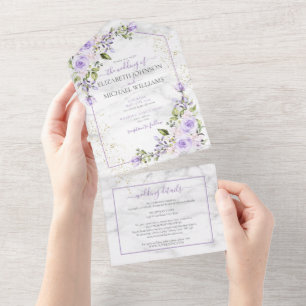 Invitation Tout En Un QR Code Lilac Lavender Gold Marble Floral Mariage