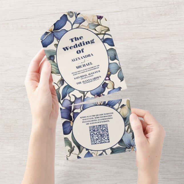 Invitation Tout En Un QR Code Marine bleu clair aquarelle mariage floral (Déchirure)