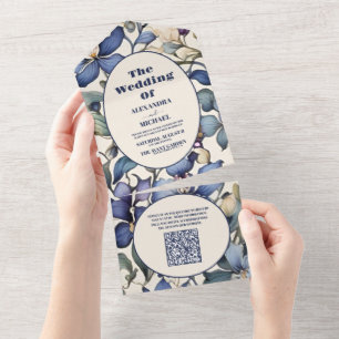 Invitation Tout En Un QR Code Marine bleu clair aquarelle mariage floral