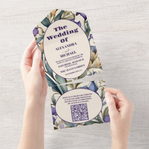 Invitation Tout En Un QR Code Purple Iris Art Nouveau Mariage