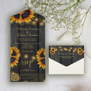 Invitation Tout En Un QR code rustic gold sunflower barn wood wedding 