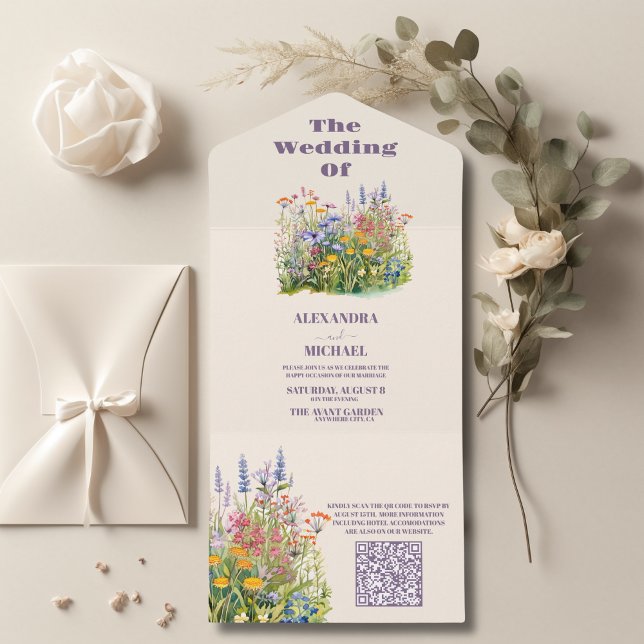Invitation Tout En Un QR Code Simple Fleur sauvage Jardin botanique Mari (Créateur téléchargé)