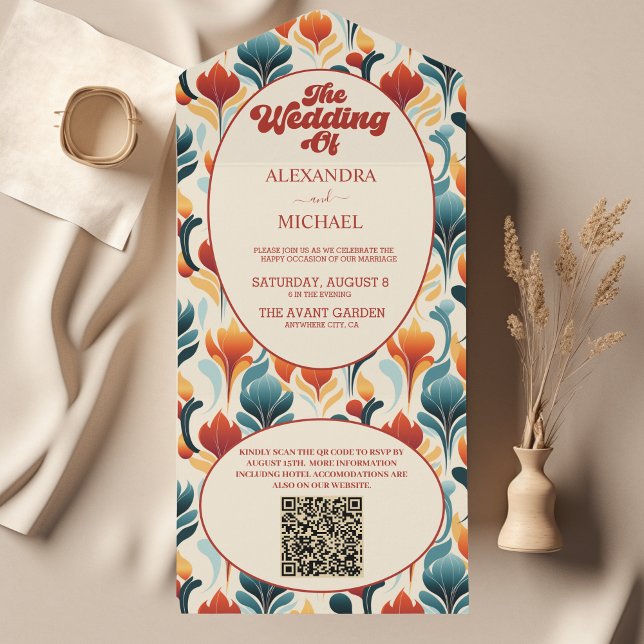 Invitation Tout En Un QR Code Super rétro les années 70 Mariage floral (Créateur téléchargé)