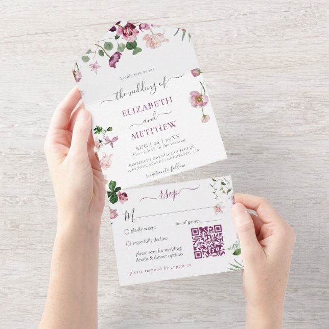 Invitation Tout En Un Qr Code violet et Mariage rose (Déchirure)