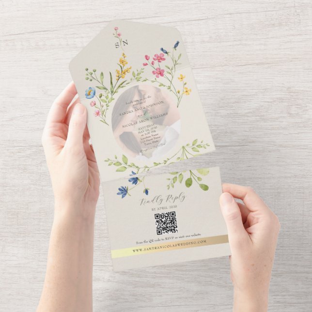 Invitation Tout En Un QR Code Wildflower Photo Wedding (Déchirure)
