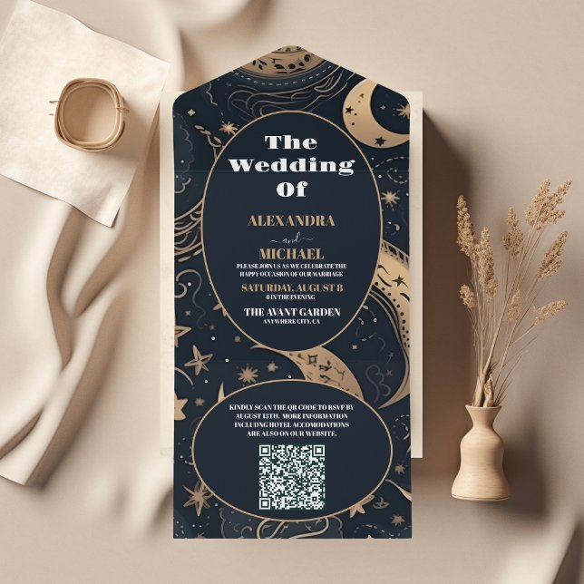 Invitation Tout En Un QR CodeMariage céleste d'or bleu nuit (Créateur téléchargé)