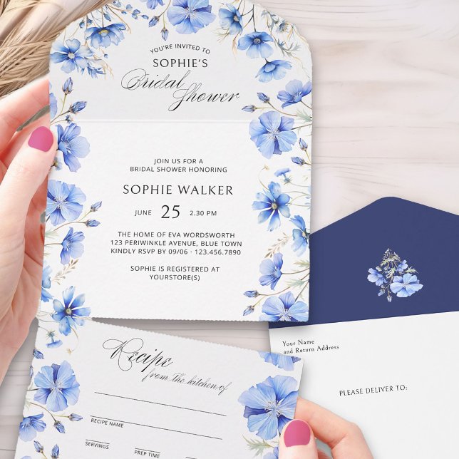 Invitation Tout En Un Quelque chose de Fête des mariées bleue et déchire (Trifold Invitation with detachable Recipe Card from Something Blue Floral Bridal Shower Collection)