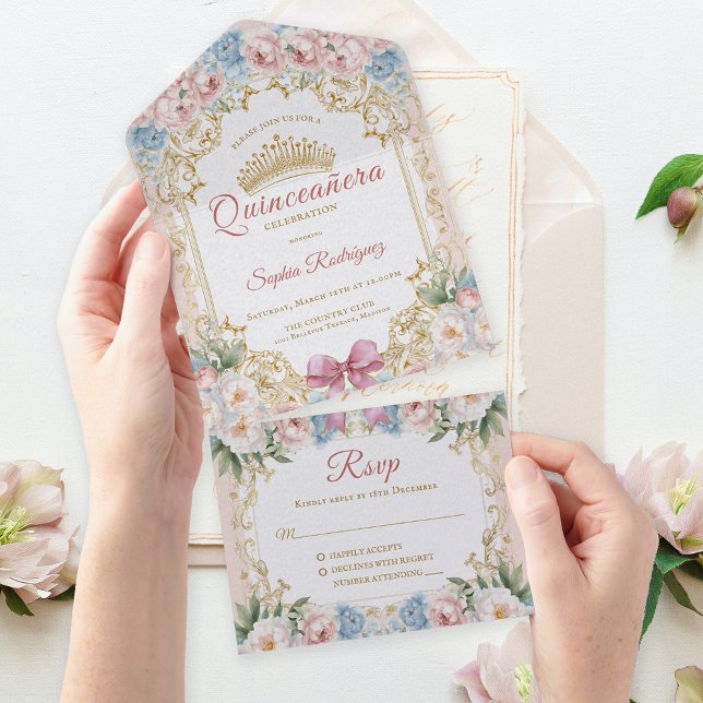 Invitation Tout En Un Quinceañera à poitrine rose classique (Classy Pink Blue Floral Quinceañera All In One Invitation)