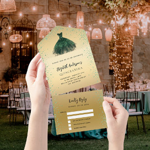Invitation Tout En Un Quinceanera émeraude or vert robe parties scintill