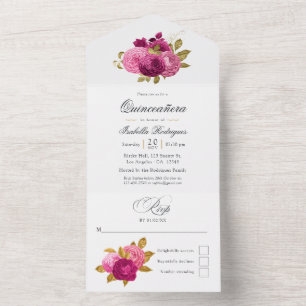 Invitation Tout En Un Quinceañera florale rose chaud et or