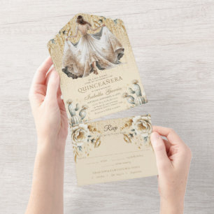 Invitation Tout En Un Quinceañera Luxe Ivory Gold Mexicain Style rsvp