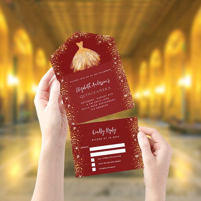 Invitation Tout En Un Quinceanera robe rouge or parties scintillant RSVP (Créateur téléchargé)