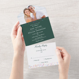 Invitation Tout En Un Rainbow Confetti Monogramme Photo Emerald Mariage