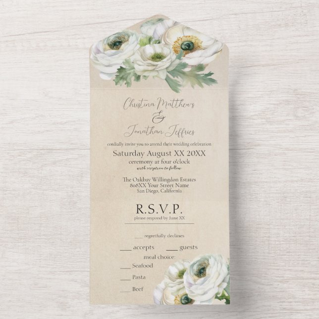 Invitation Tout En Un Ranunculus blanc romantique (À l'intérieur)