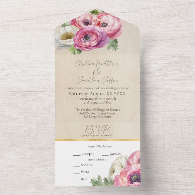 Invitation Tout En Un Ranunculus rose romantique sur Parchemin rustique (À l'intérieur)