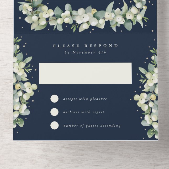 Invitation Tout En Un Réception de mariage Navy Snowberry+Eucalyptus uni (Intérieur en bas)