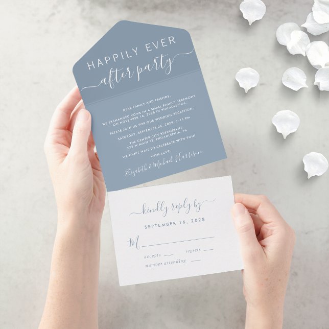 Invitation Tout En Un Réception de mariage poussiéreux bleu après un heu (An chic Happily Ever After Party all-in-one invitation for your wedding celebration)