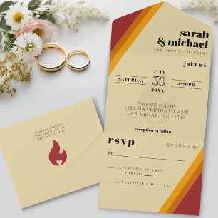 Invitation Tout En Un Réception de mariage rayée du Coeur de feu rétro