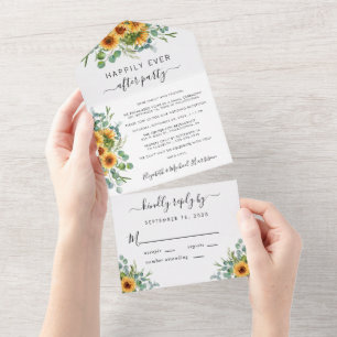 Invitation Tout En Un Réception de mariage rustique au tournesol et euca