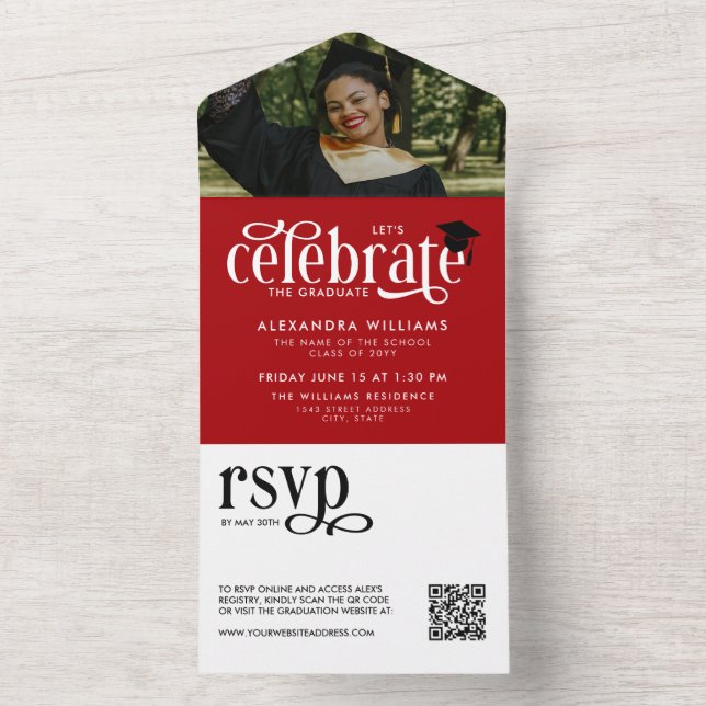 Invitation Tout En Un Red Celebrate Photo QR RSVP (À l'intérieur)