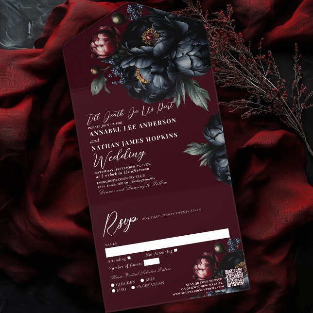 Invitation Tout En Un Red Dark Moody Black Peony Mariage gothique QR Cod (Créateur téléchargé)