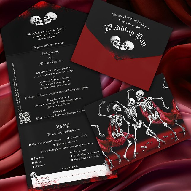 Invitation Tout En Un Red Death Dancing Skeletons Mariage gothique (Créateur téléchargé)