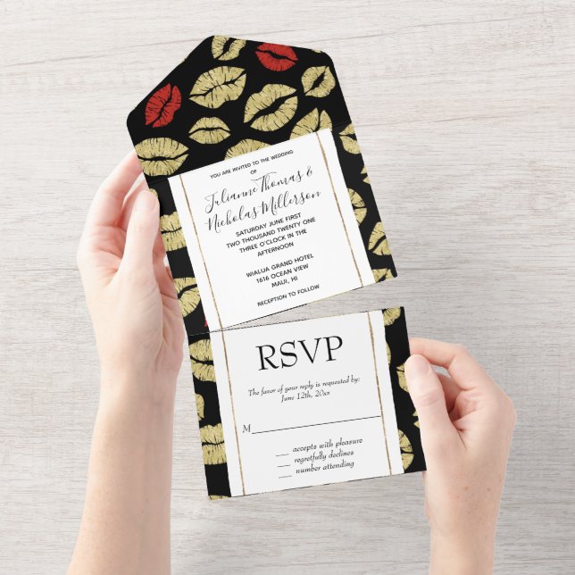 Invitation Tout En Un Red Gold Lips Baisers Romantique Chic Mariage (Déchirure)