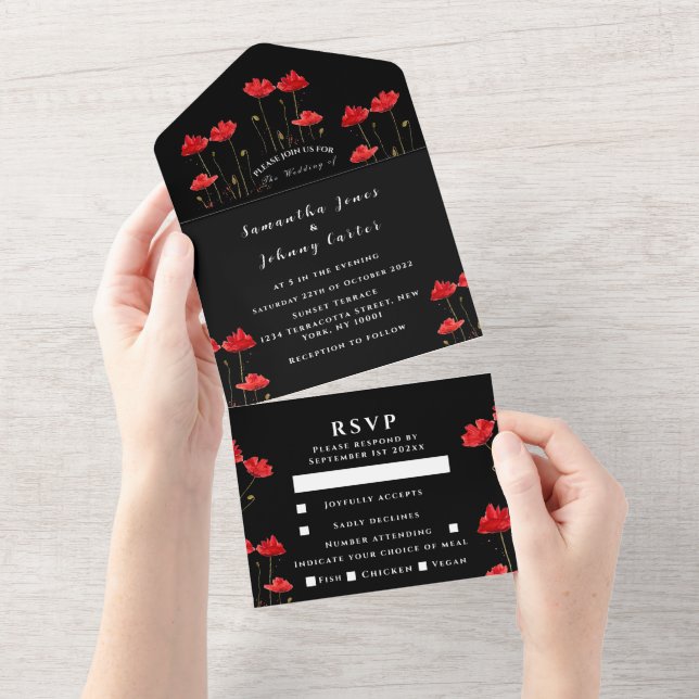 Invitation Tout En Un Red Poppies Aquarelle Script Mariage élégant (Déchirure)