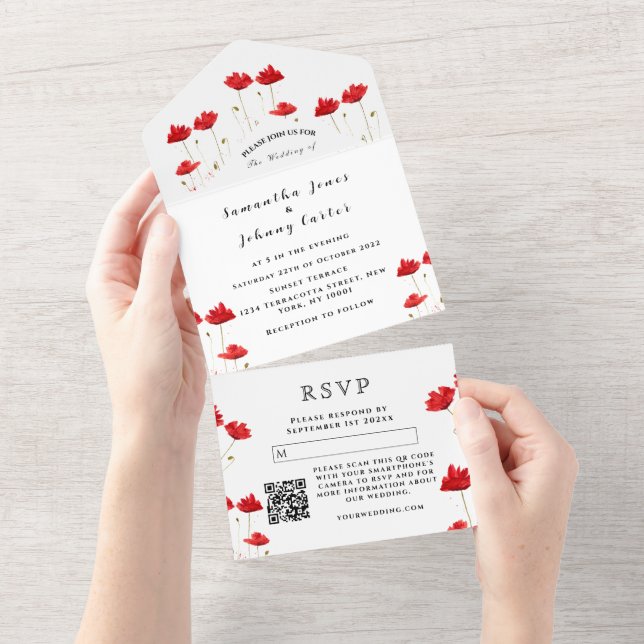 Invitation Tout En Un Red Poppies Aquarelle Script Mariage élégant (Déchirure)
