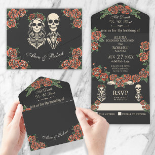 Invitation Tout En Un Red Roses Jusqu'à la mort nous part couple crâne