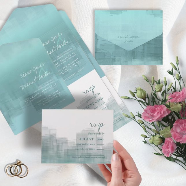 Invitation Tout En Un Réflexions aquarelle Mariage Turquoise ID774 (Créateur téléchargé)
