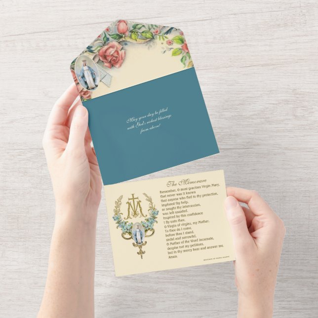 Invitation Tout En Un Religieux Vierge Marie Oiseaux Roses roses roses (Déchirure)