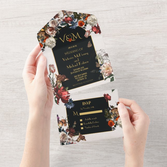 Invitation Tout En Un Rembrandt Moody Initiales Mariages florales (Déchirure)