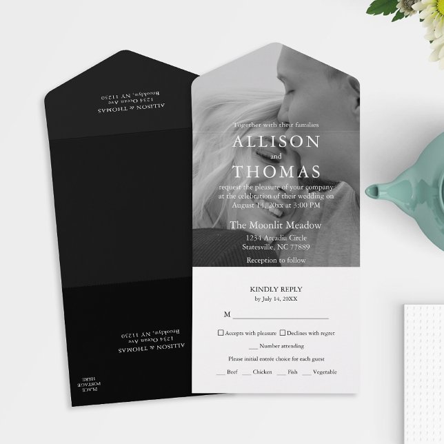 Invitation Tout En Un Repas photo noir et blanc moderne Choix RSVP (Simplify your wedding with our all-in-one invitation – convenience and beauty in a single card.)