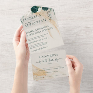 Invitation Tout En Un Réponse aimable crème de mariage Rose verte émerau