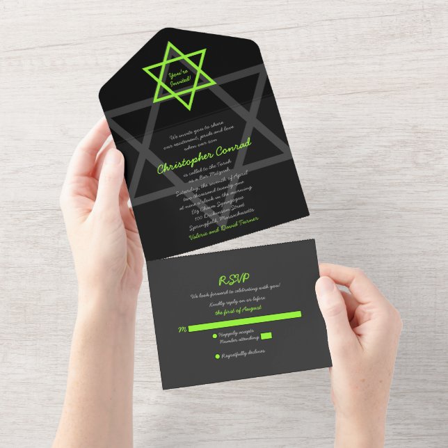 Invitation Tout En Un Réponse Bar Mitzvah noir et vert (Déchirure)