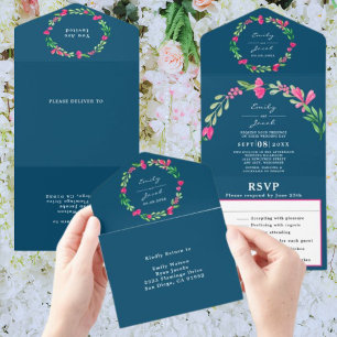 Invitation Tout En Un Réponse de mariage chic bleu océan de verdure flor