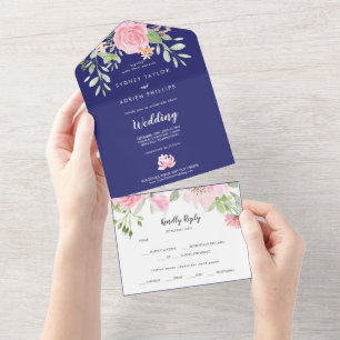 Invitation Tout En Un Ressort Peony Marine Mariage blanc tout en un