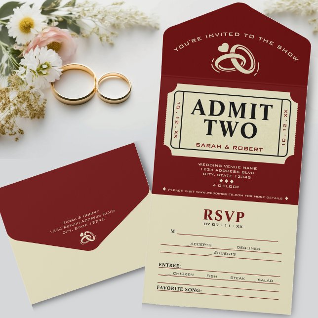 Invitation Tout En Un Retro Cinema Theater Admettez Deux Mariages de bil (Retro Cinema Theater Admit Two Ticket Wedding All In One Invitation)
