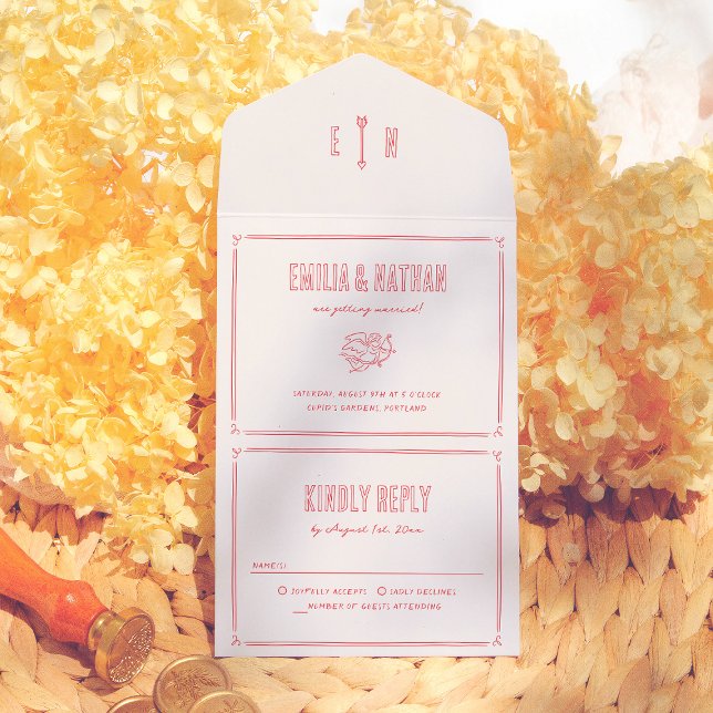 Invitation Tout En Un Retro Love Struck Hand Written Cupid Photo Wedding (Créateur téléchargé)