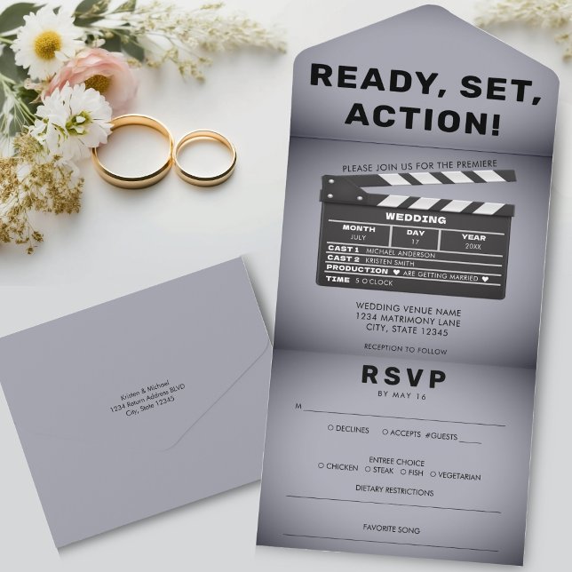 Invitation Tout En Un Retro Movie Film Clap Board Gris Mariage (Retro Movie Film Clap Board Grey Wedding All In One Invitation)