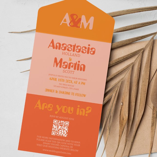 Invitation Tout En Un Rétro Super les années 70 Orange Bold Mariage QR (Retro Orange All-in-one Wedding Invitation)