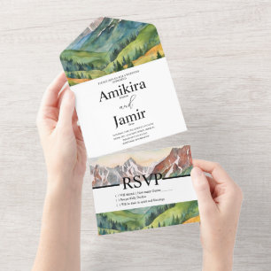 Invitation Tout En Un Rêve de montagne Aquarelle Mariage paillettes B