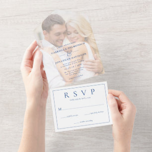 Invitation Tout En Un Revêtement photo moderne Mariage RSVP Bleu