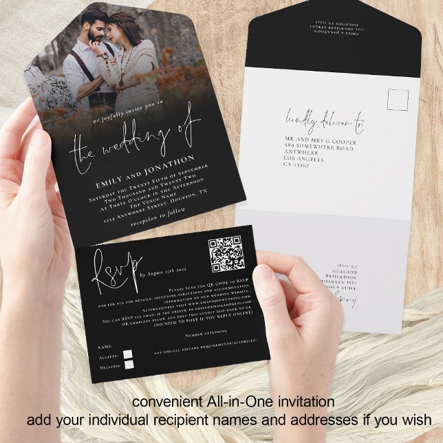 Invitation Tout En Un Revêtement photo moderne QR Code Script Mariage no (All in one Wedding Invitation tear off rsvp or reply via QR code. Recipient Name & Address)