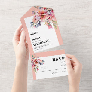 Invitation Tout En Un Rhododendron fleurs rose pêche mariage rose pêche